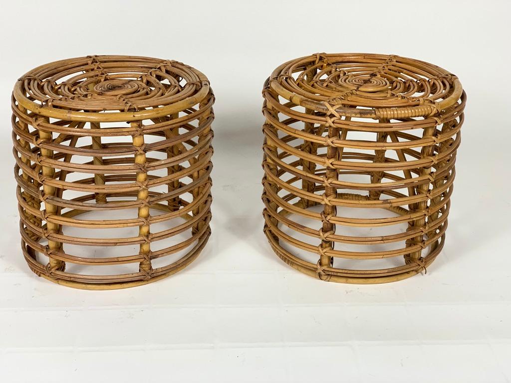 Round pair of Italian 1950's bamboo rattan stools or tables.
