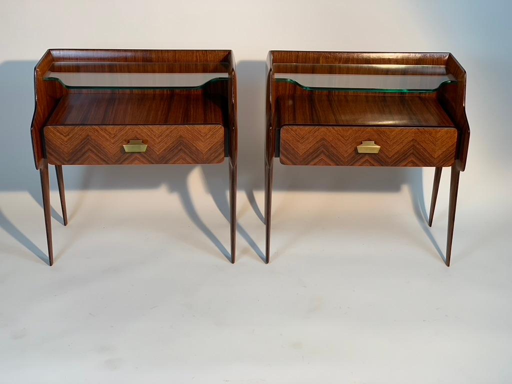 Mid-Century Modern Mid Century Italian Pair of Bed Side Tables Glass Shaped Beveled Top Shelf