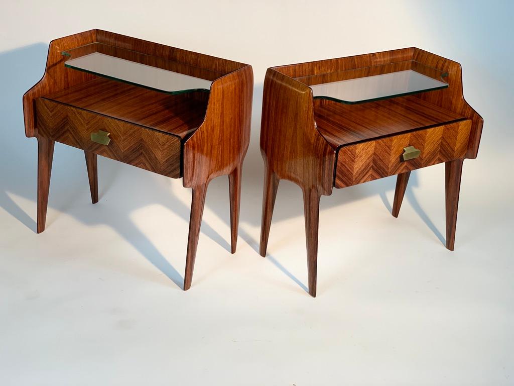 Mid-20th Century Mid Century Italian Pair of Bed Side Tables Glass Shaped Beveled Top Shelf