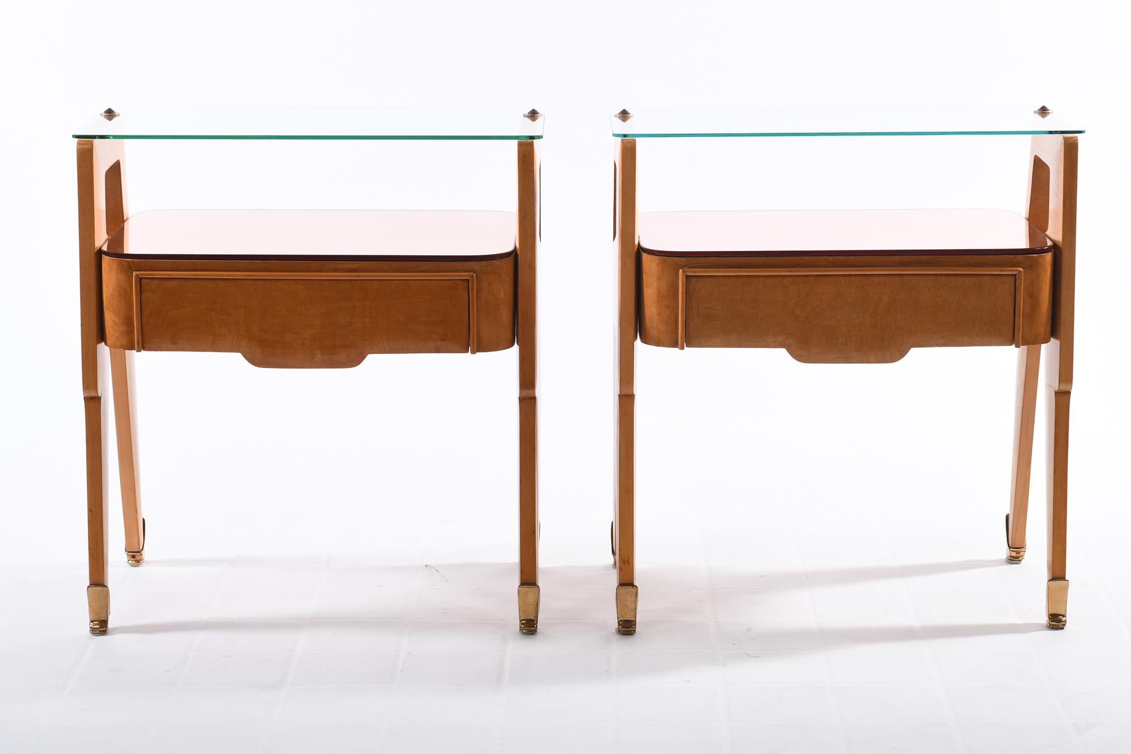 Mid-20th Century Midcentury Italian Pair of Bedside Table or Side Table Drawers, Glass Top