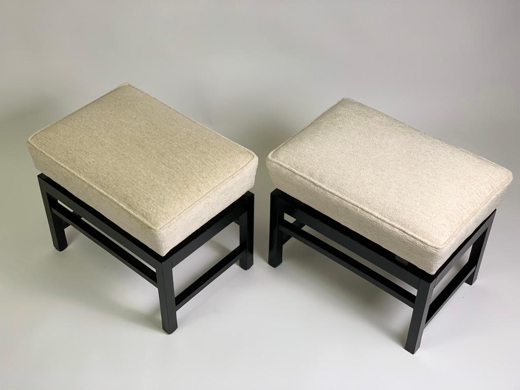 Mid Century Italian Pair of Black Laquered Stools Fabric Seat For Sale 5
