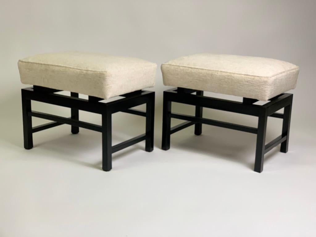 Mid-Century Modern Mid Century Italian Pair of Black Laquered Stools Fabric Seat For Sale