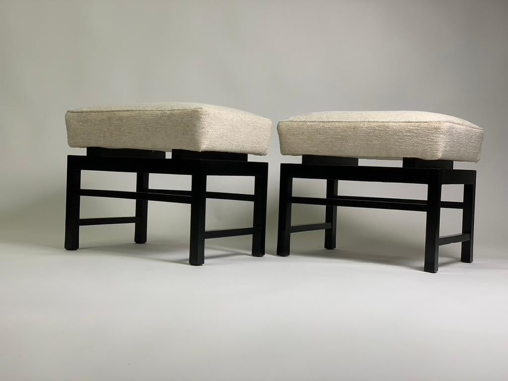 Mid-20th Century Mid Century Italian Pair of Black Laquered Stools Fabric Seat For Sale