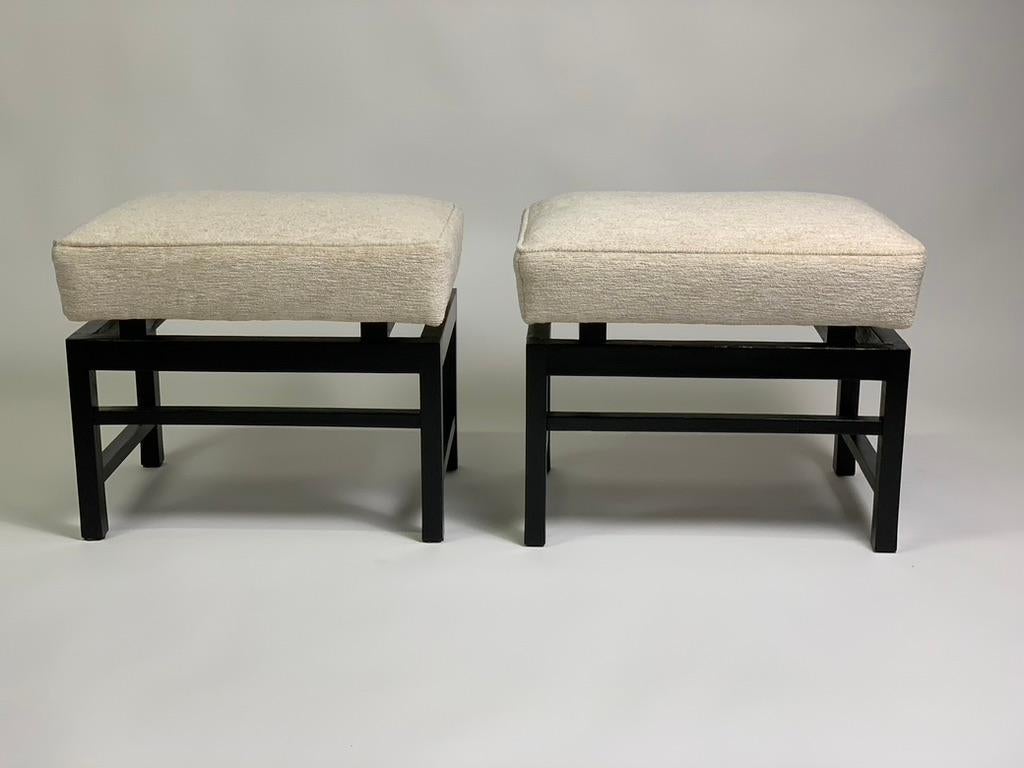 Mid Century Italian Pair of Black Laquered Stools Fabric Seat For Sale 1