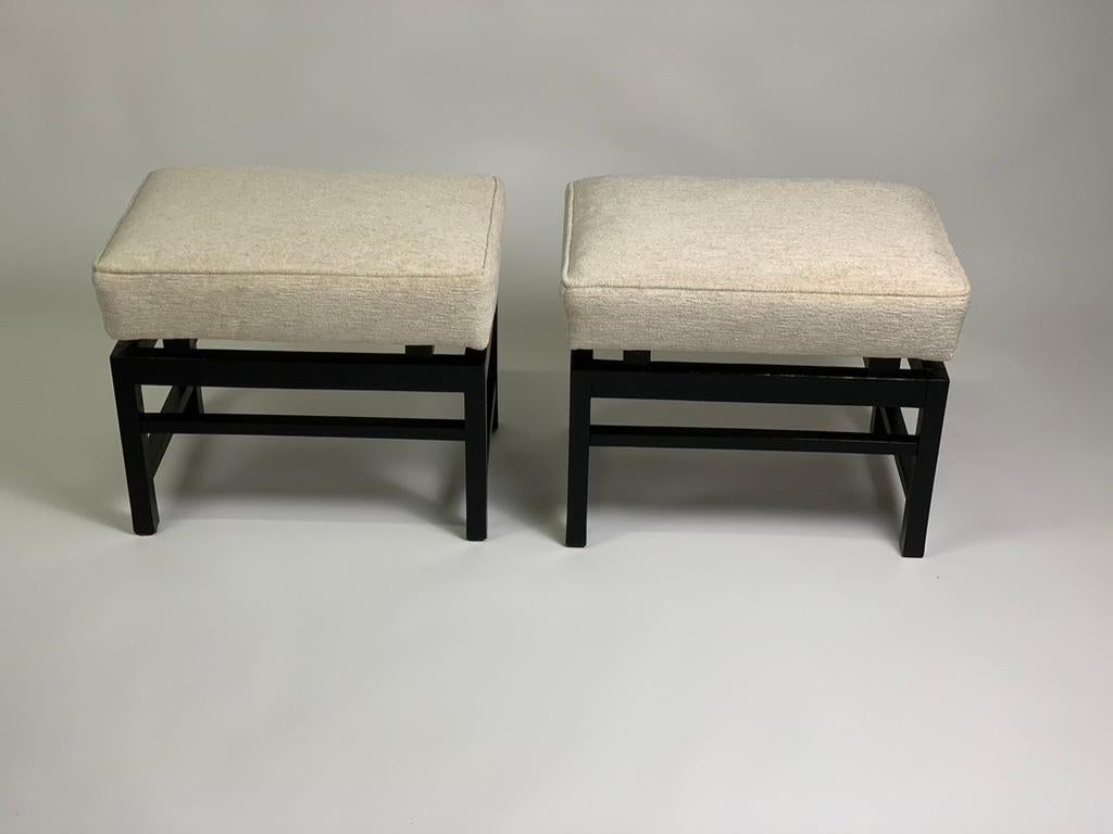 Mid Century Italian Pair of Black Laquered Stools Fabric Seat For Sale 2