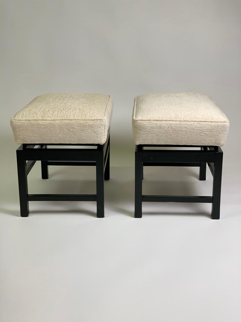 Mid Century Italian Pair of Black Laquered Stools Fabric Seat For Sale 3