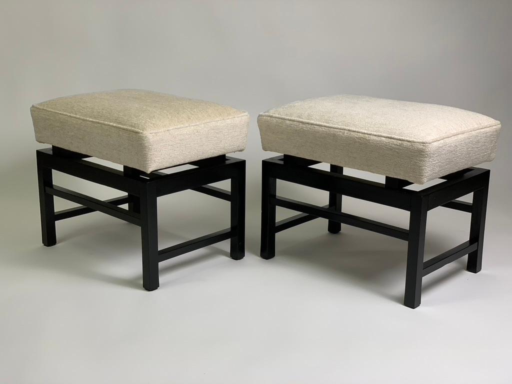 Mid Century Italian Pair of Black Laquered Stools Fabric Seat For Sale 4