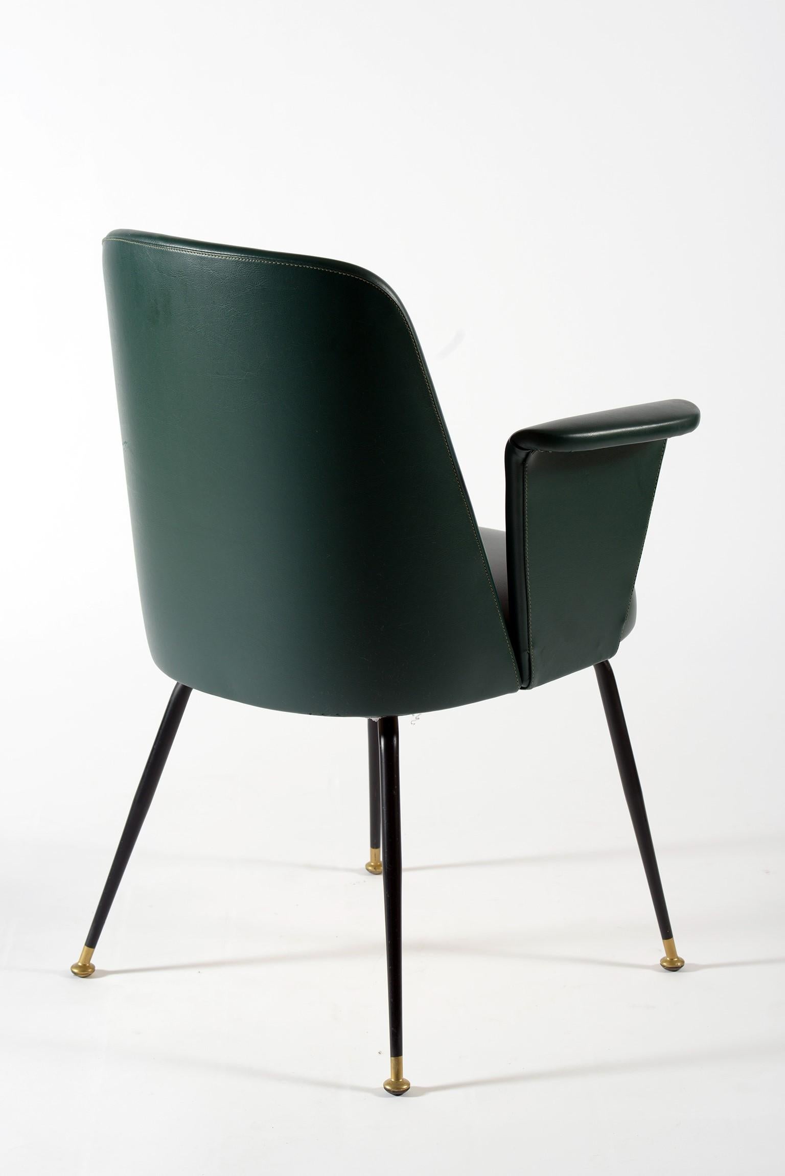 Midcentury Italian Pair of Chairs Brass Leggs Green Original Leatherette, 1950s 5