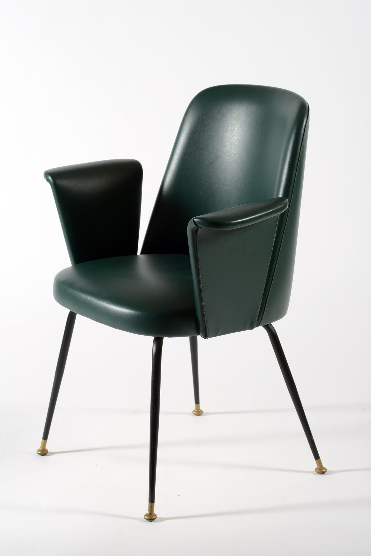 Mid-Century Modern Midcentury Italian Pair of Chairs Brass Leggs Green Original Leatherette, 1950s