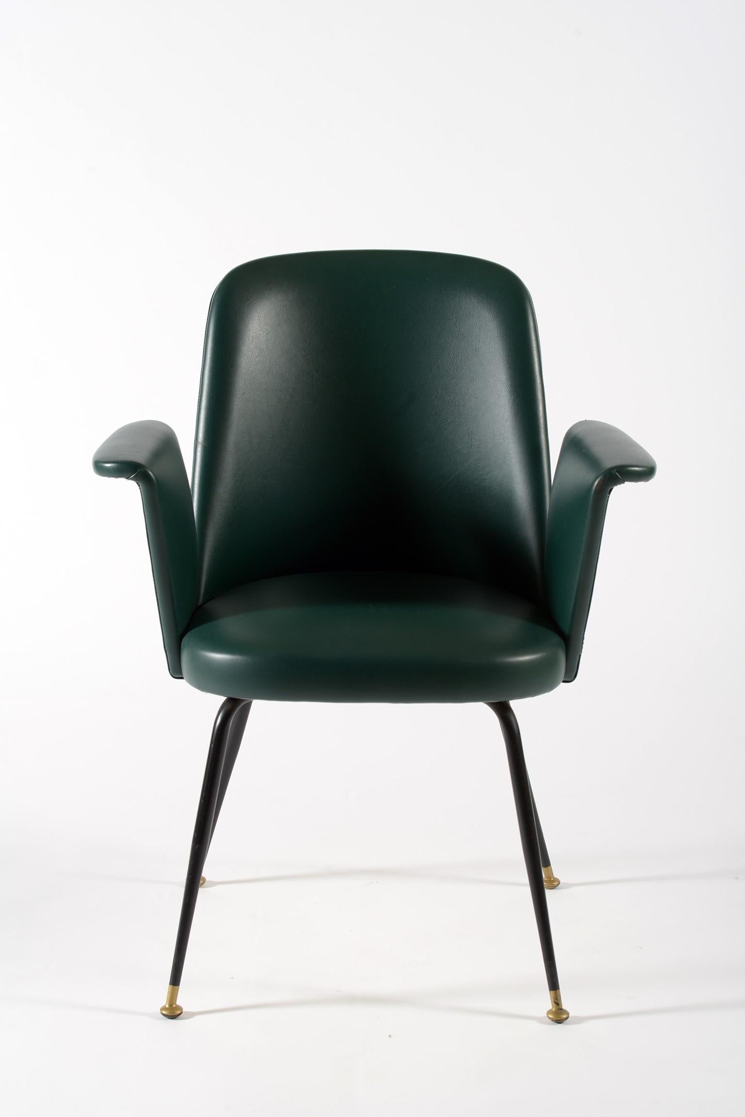 Midcentury Italian Pair of Chairs Brass Leggs Green Original Leatherette, 1950s In Good Condition In Firenze, Toscana