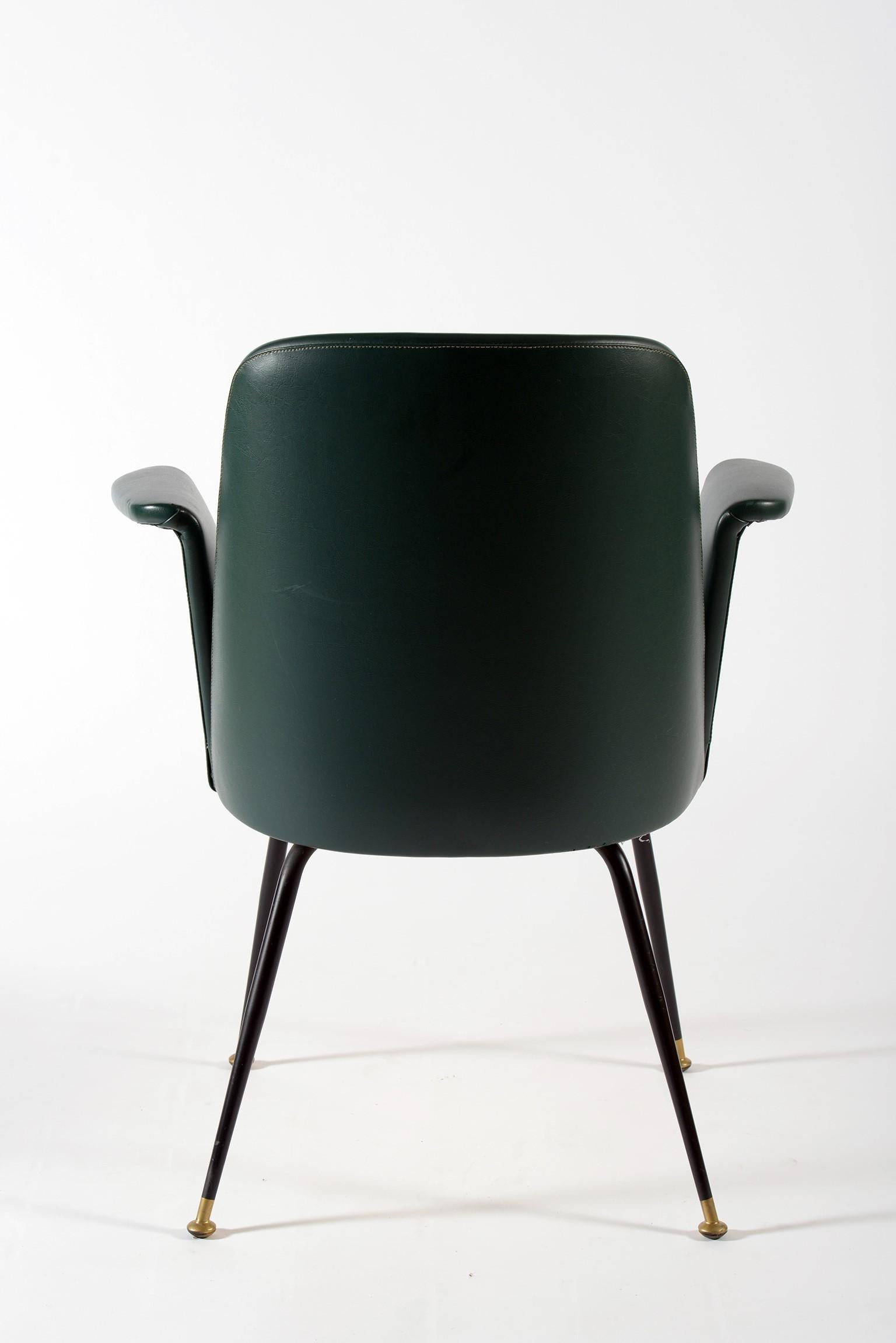 Mid-20th Century Midcentury Italian Pair of Chairs Brass Leggs Green Original Leatherette, 1950s