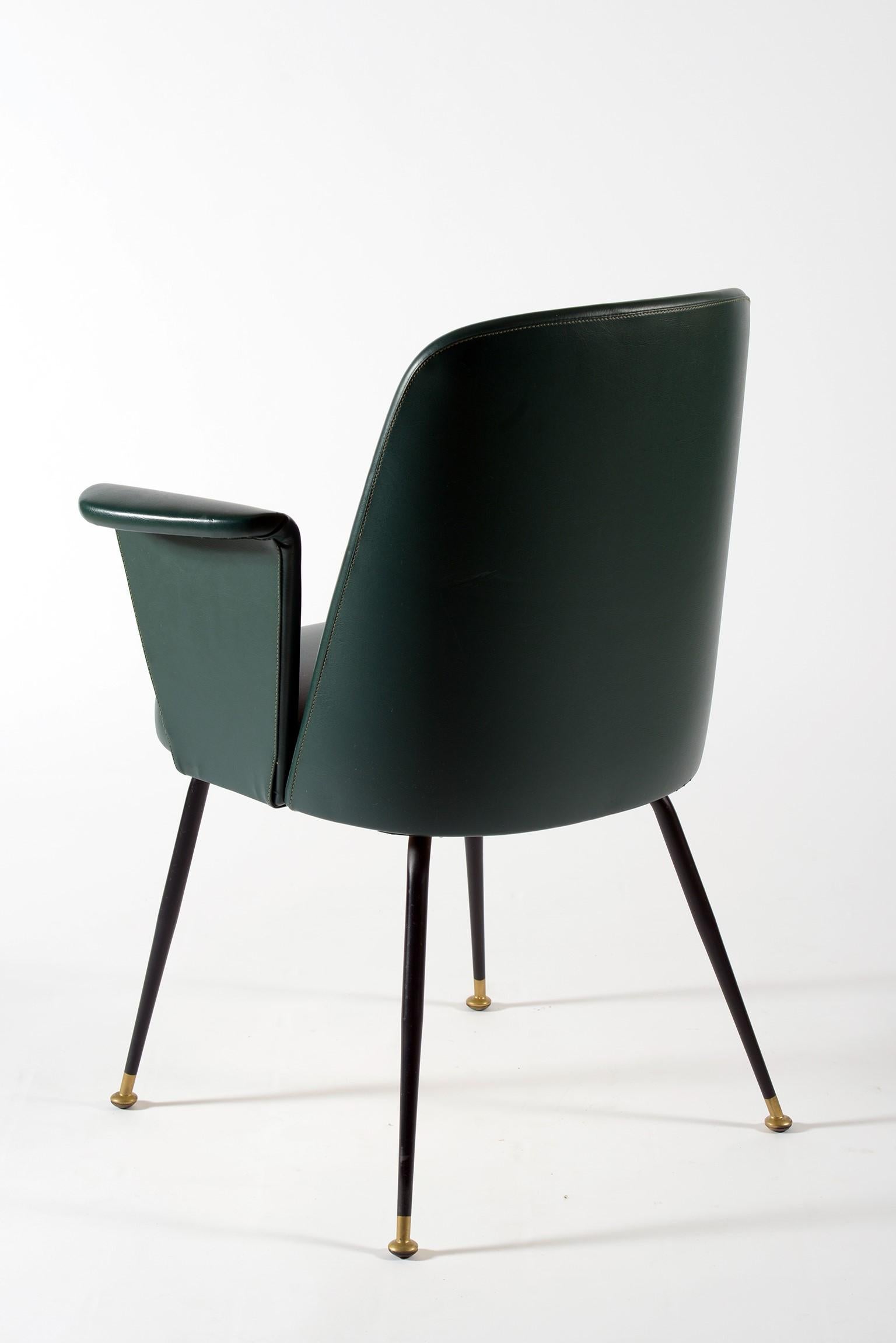 Midcentury Italian Pair of Chairs Brass Leggs Green Original Leatherette, 1950s 1