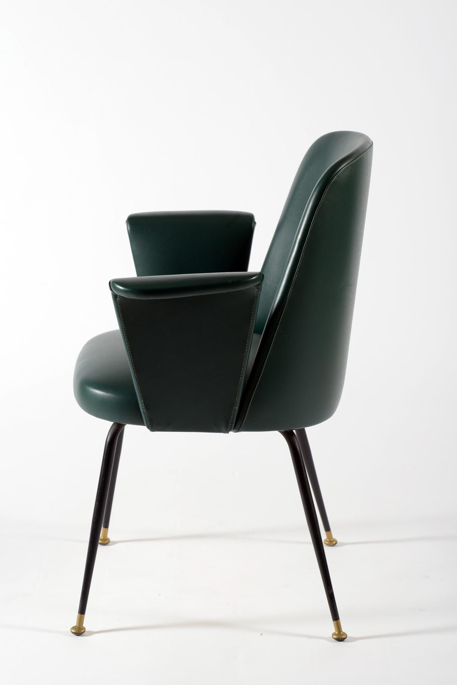 Midcentury Italian Pair of Chairs Brass Leggs Green Original Leatherette, 1950s 2