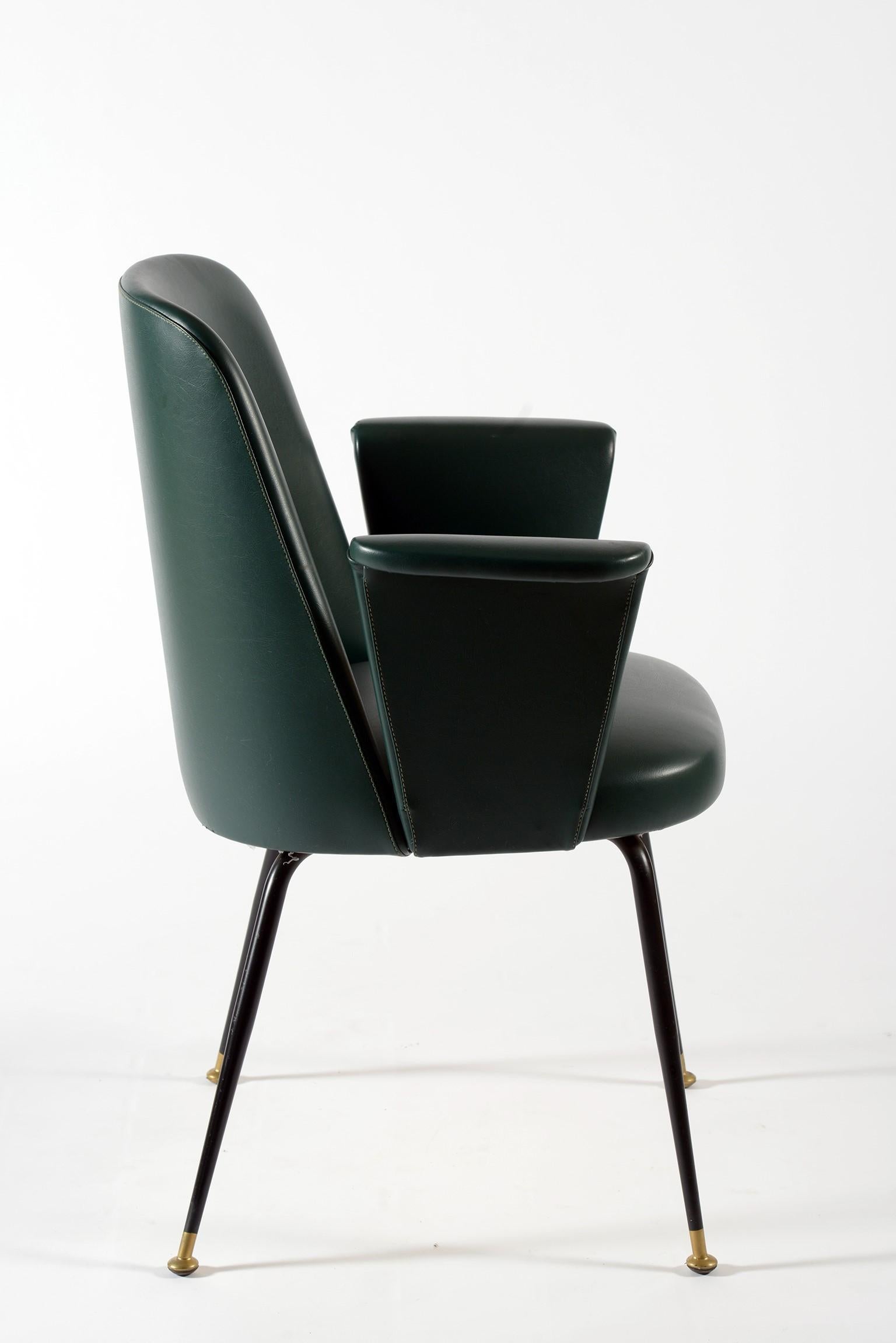 Midcentury Italian Pair of Chairs Brass Leggs Green Original Leatherette, 1950s 4