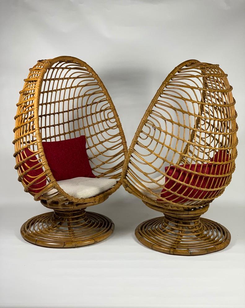 Pair of 1950s Italian rattan bamboo armchairs with an 