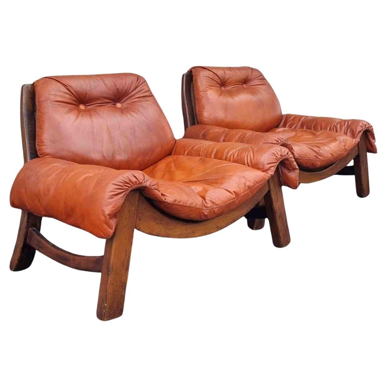 Coppia di sedie da salotto italiane di metà secolo, Wood e pelle, Italia anni '60