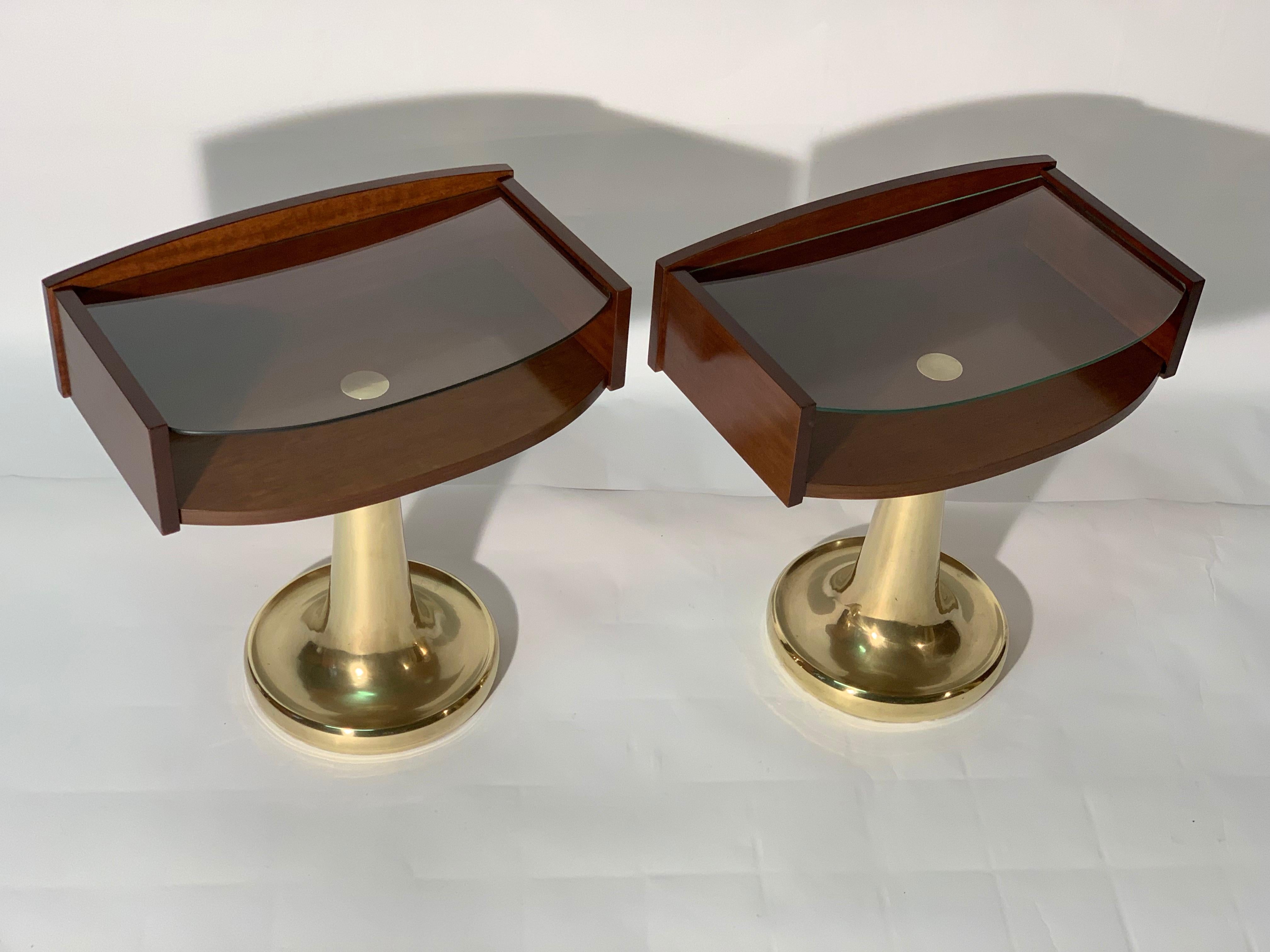 Mid-20th Century Midcentury Italian Pair of Nightstand or Side Table Cast Brass Base
