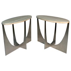 Mid Century Italian Pair of Oval Consoles Steel and Travertine Stone Mid Century Italian Pair of Oval Consoles Steel and Travertine Stone