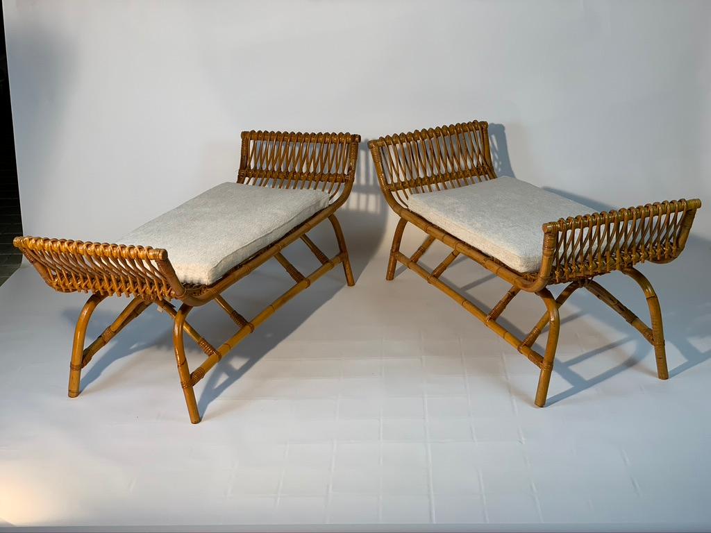Mid-Century Modern Midcentury Italian Pair of Rattan Bamboo Benches