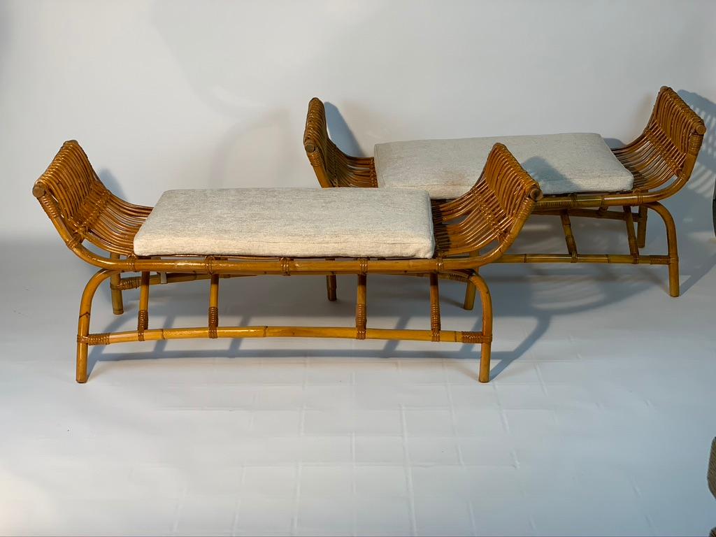 Midcentury Italian Pair of Rattan Bamboo Benches In Good Condition In Firenze, Toscana
