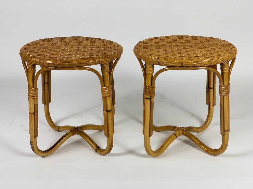 Mid-Century Modern Midcentury Italian Pair of Rattan Bamboo Side Tables or Stools