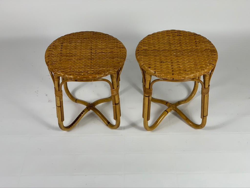 Midcentury Italian Pair of Rattan Bamboo Side Tables or Stools In Good Condition In Firenze, Toscana