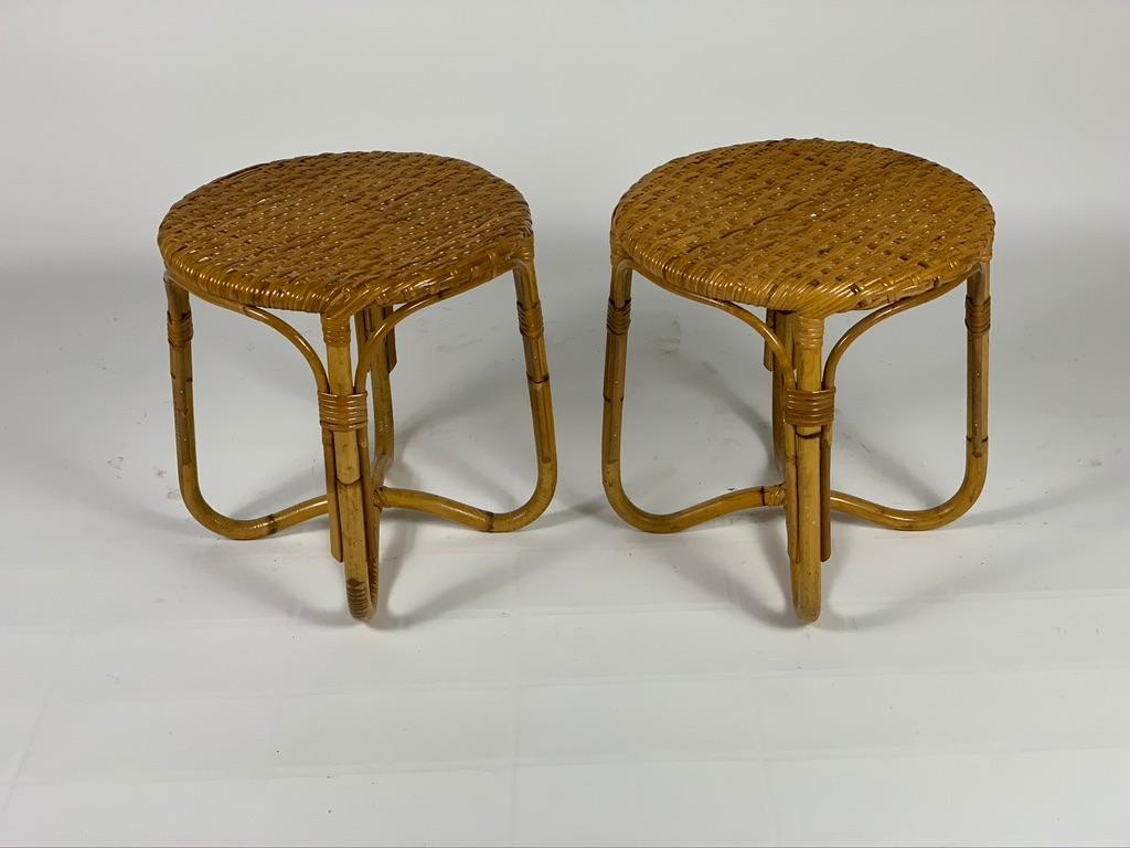 Mid-20th Century Midcentury Italian Pair of Rattan Bamboo Side Tables or Stools