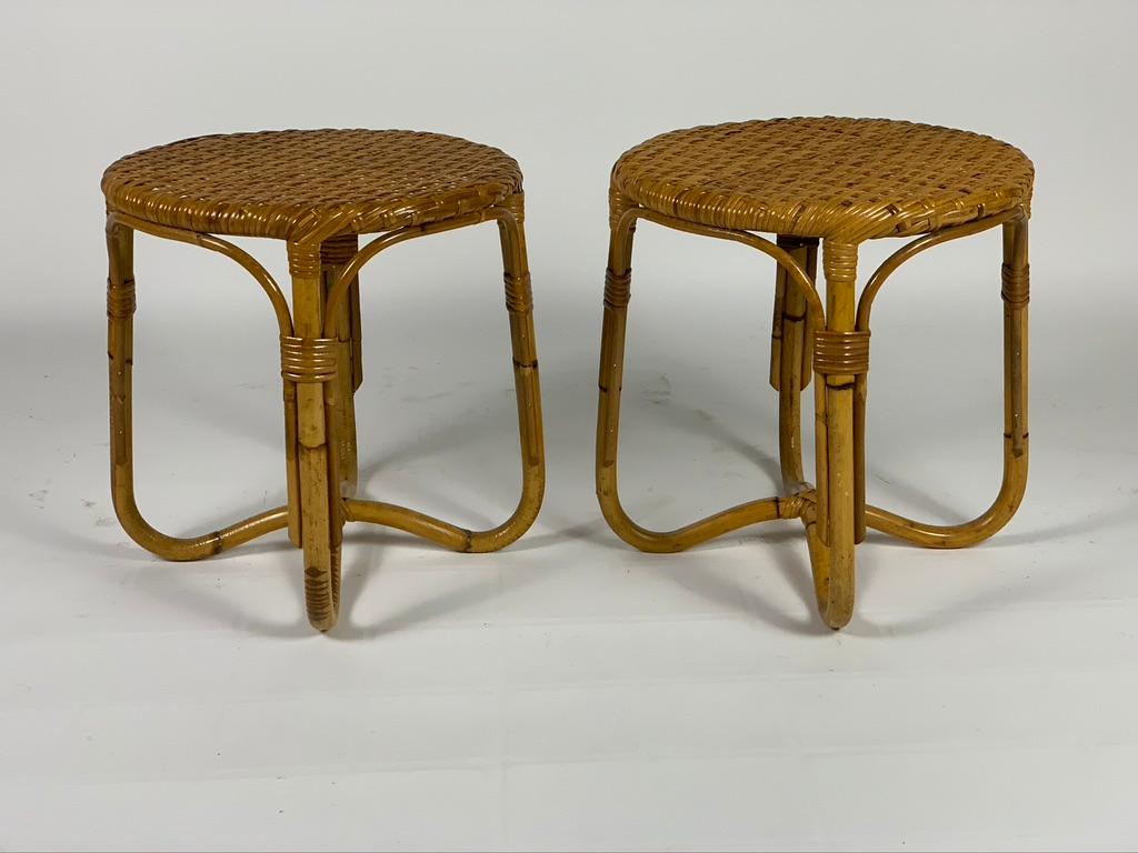 Midcentury Italian Pair of Rattan Bamboo Side Tables or Stools 1