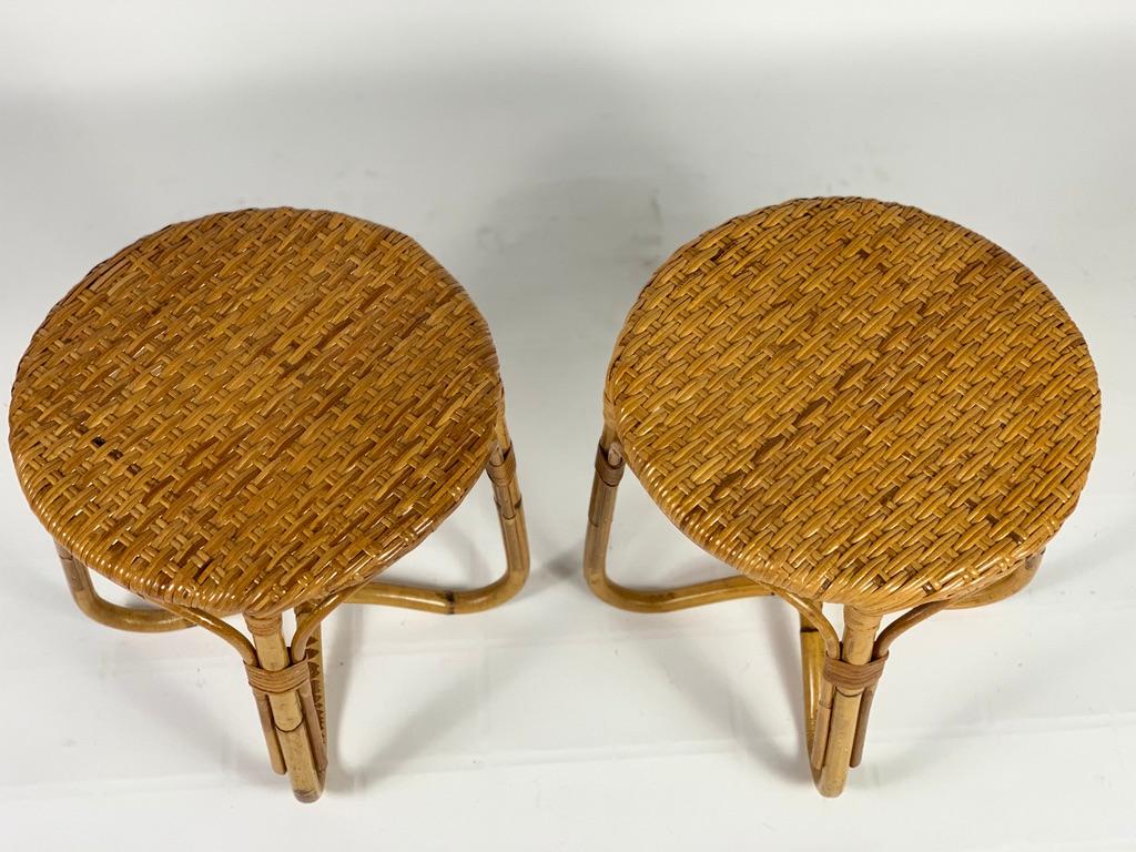 Midcentury Italian Pair of Rattan Bamboo Side Tables or Stools 3