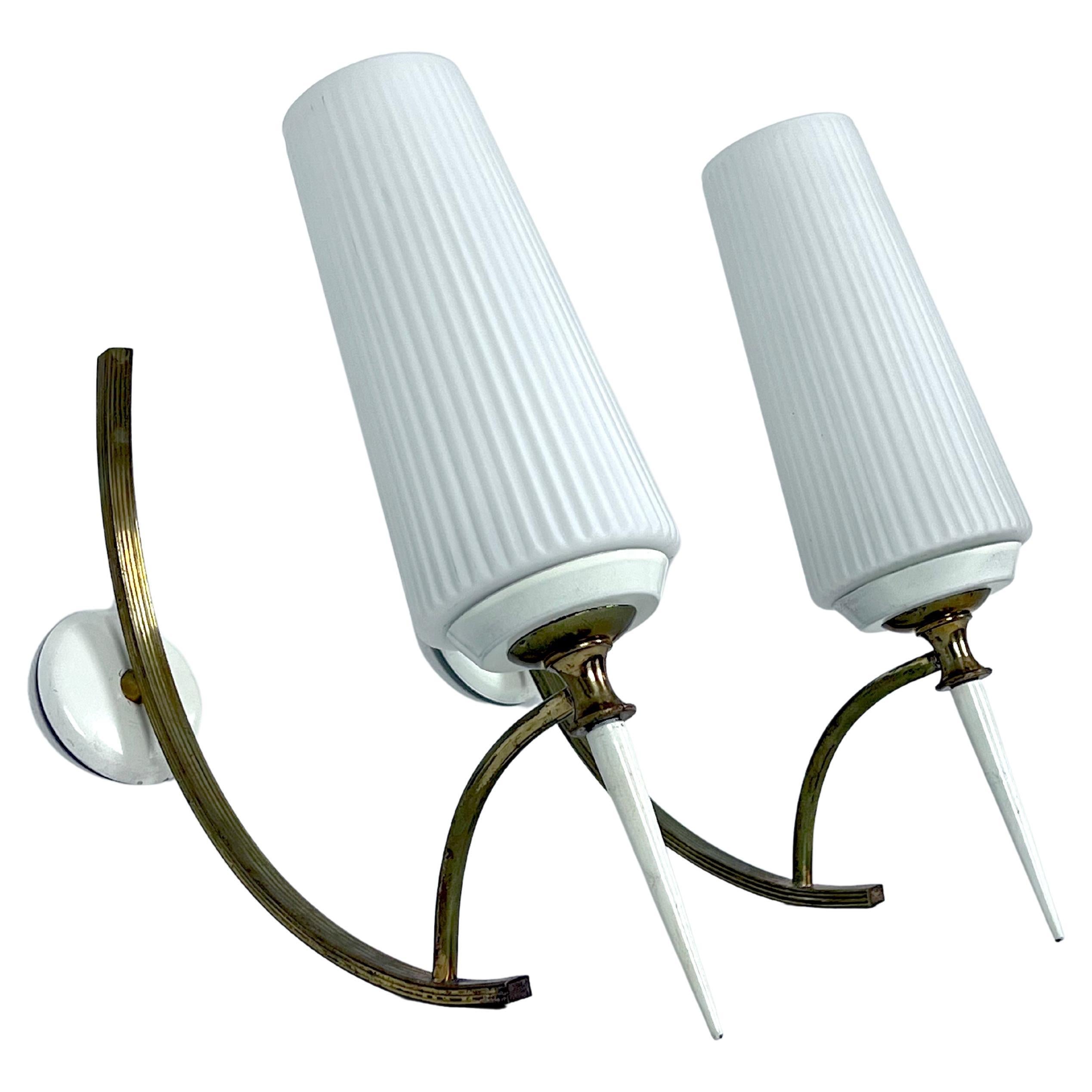 Mid-Century Italian pair of sconces in brass and opaline glass