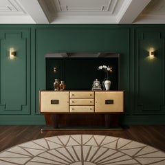 Mid-Century Italian Parchment Credenza with Marble Base and Mirror, 1940s–1950s