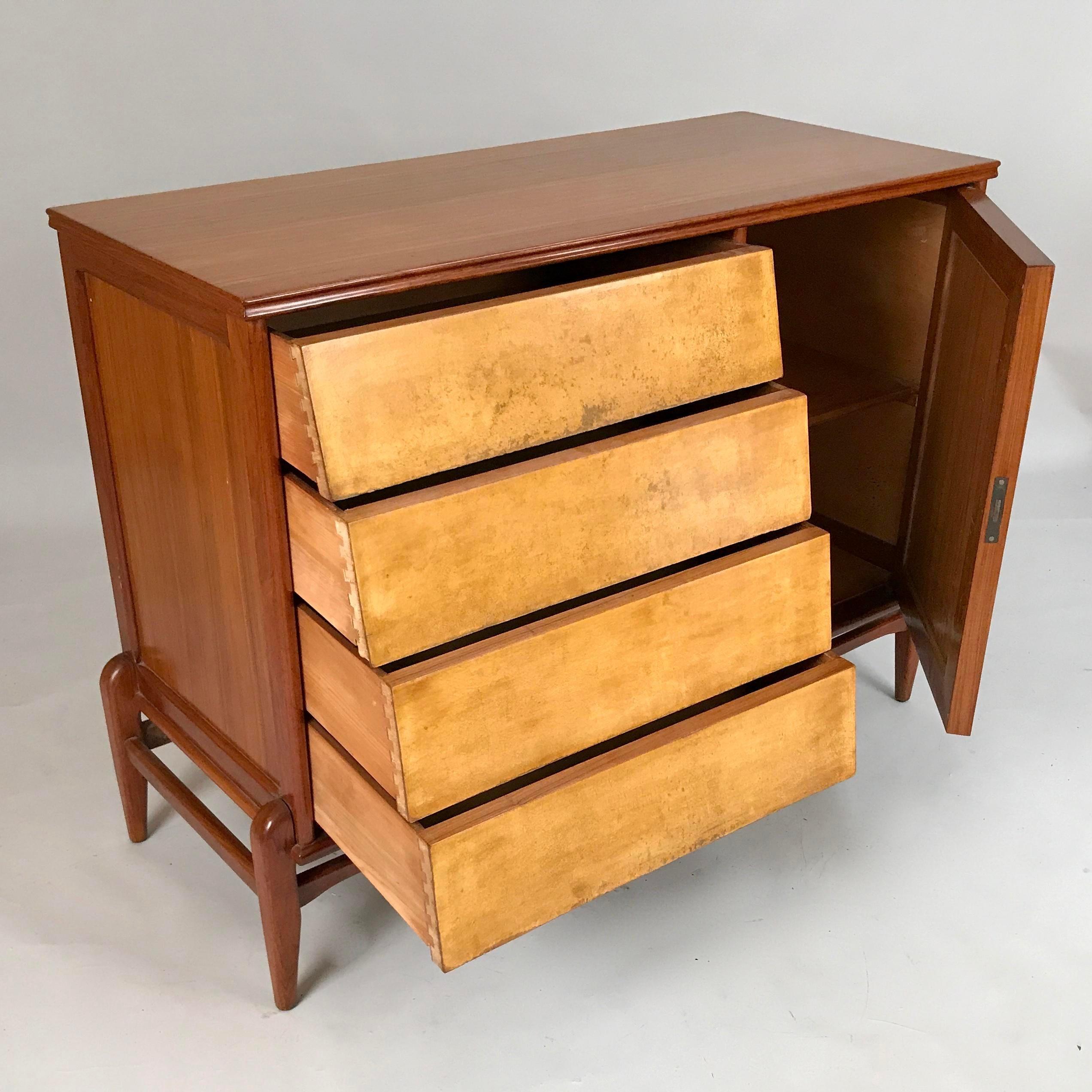 This Circa 1940 Italian Parchment furniture set may be a sideboard with side tables for a dining area or a chest of drawers with nightstands for a modern bedroom.

One of the small cabinets has a one-door compartment with a shelf. The other small