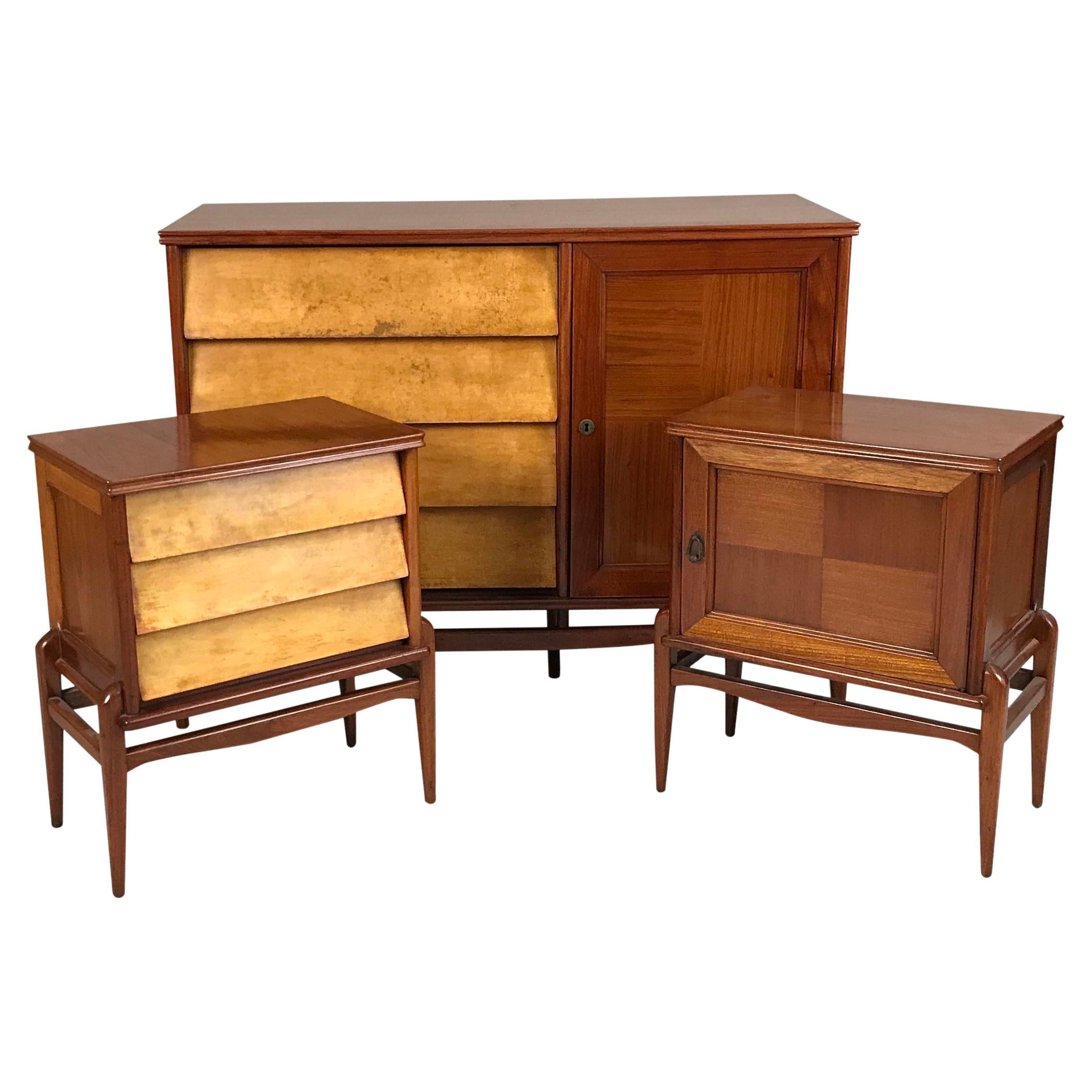 Mid Century Italian Parchment Three Piece Storage Suite For Sale