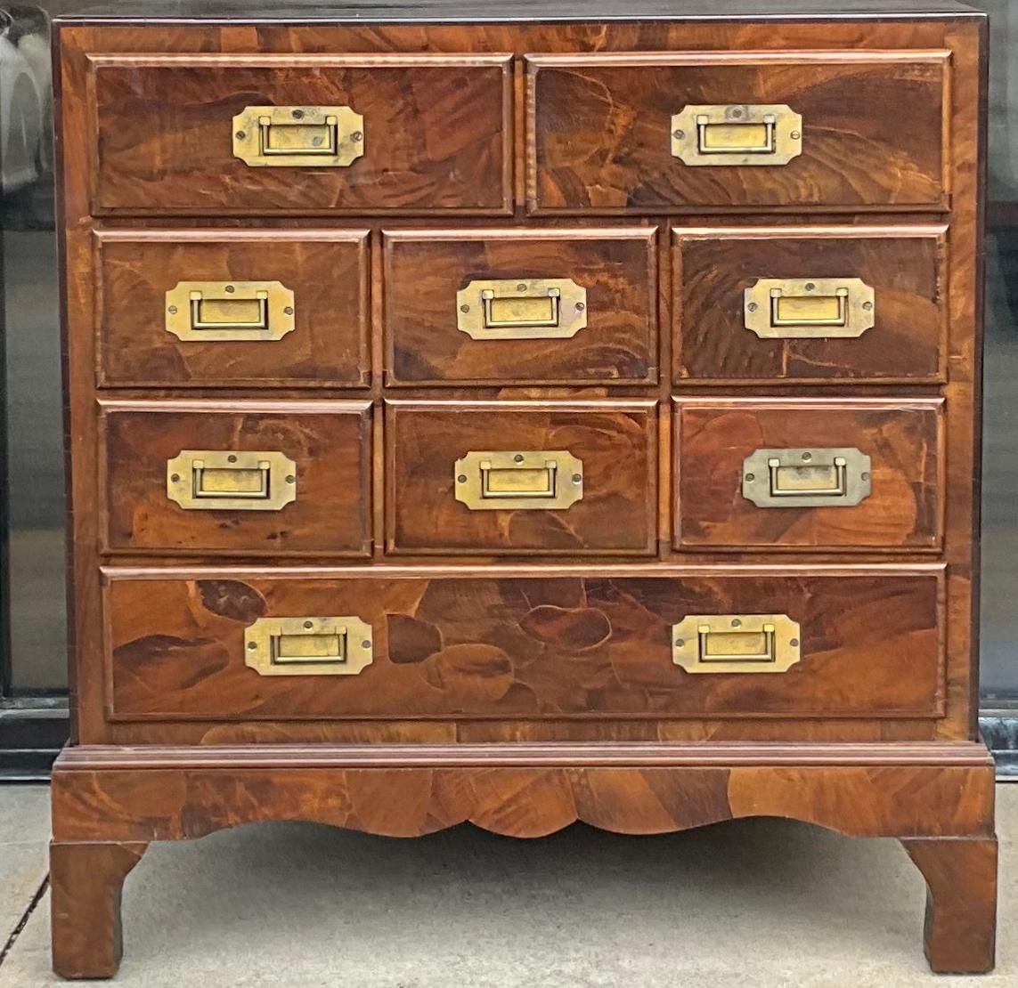 20th Century Mid-Century Italian Patchwork Burl Campaign Style Chest / Commode / Table For Sale