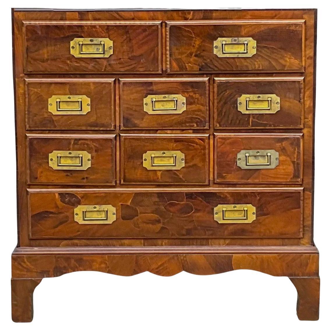 Mid-Century Italian Patchwork Burl Campaign Style Chest / Commode / Table For Sale