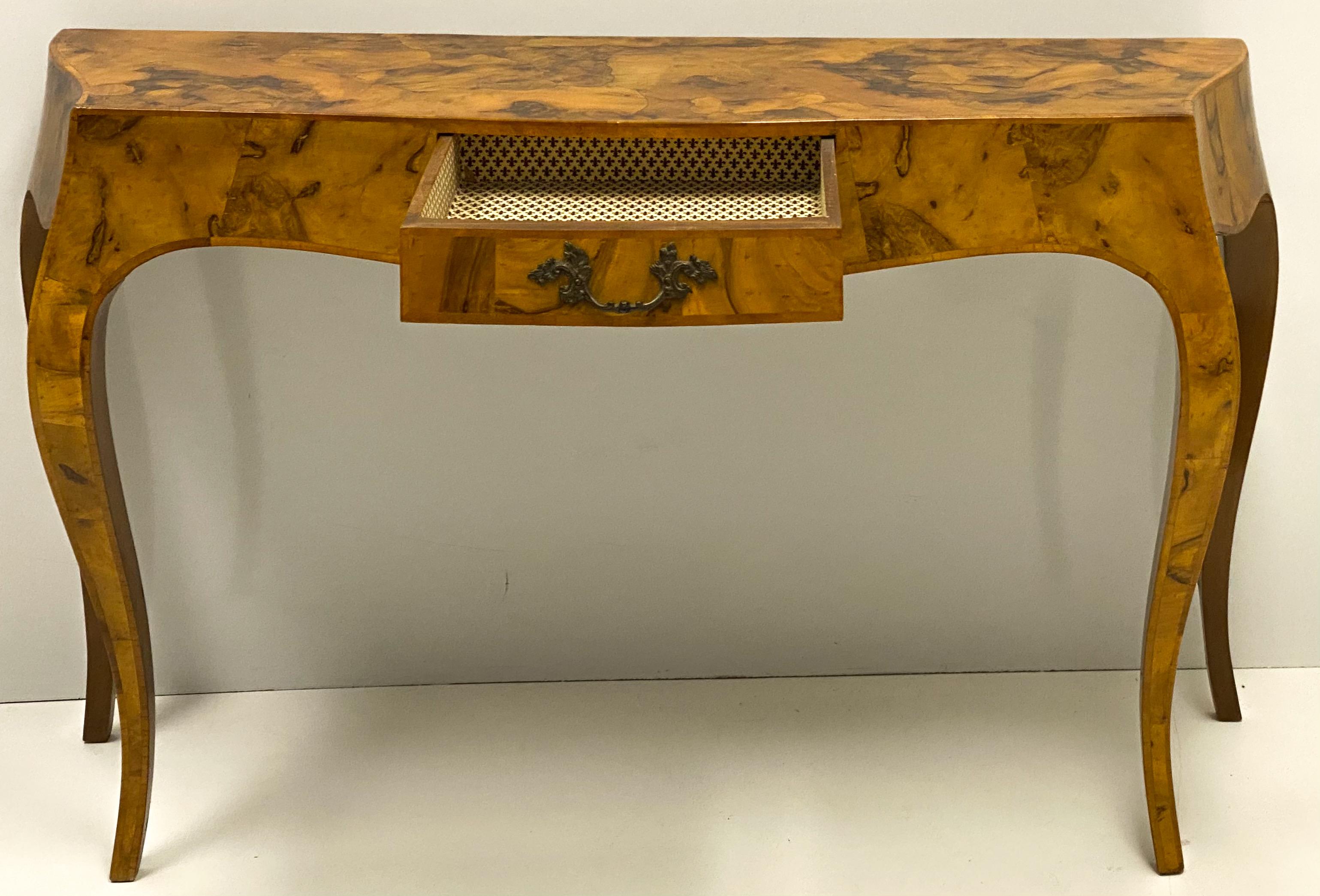 Midcentury Italian Patchwork Burl Serpentine Console Table In Good Condition In Kennesaw, GA