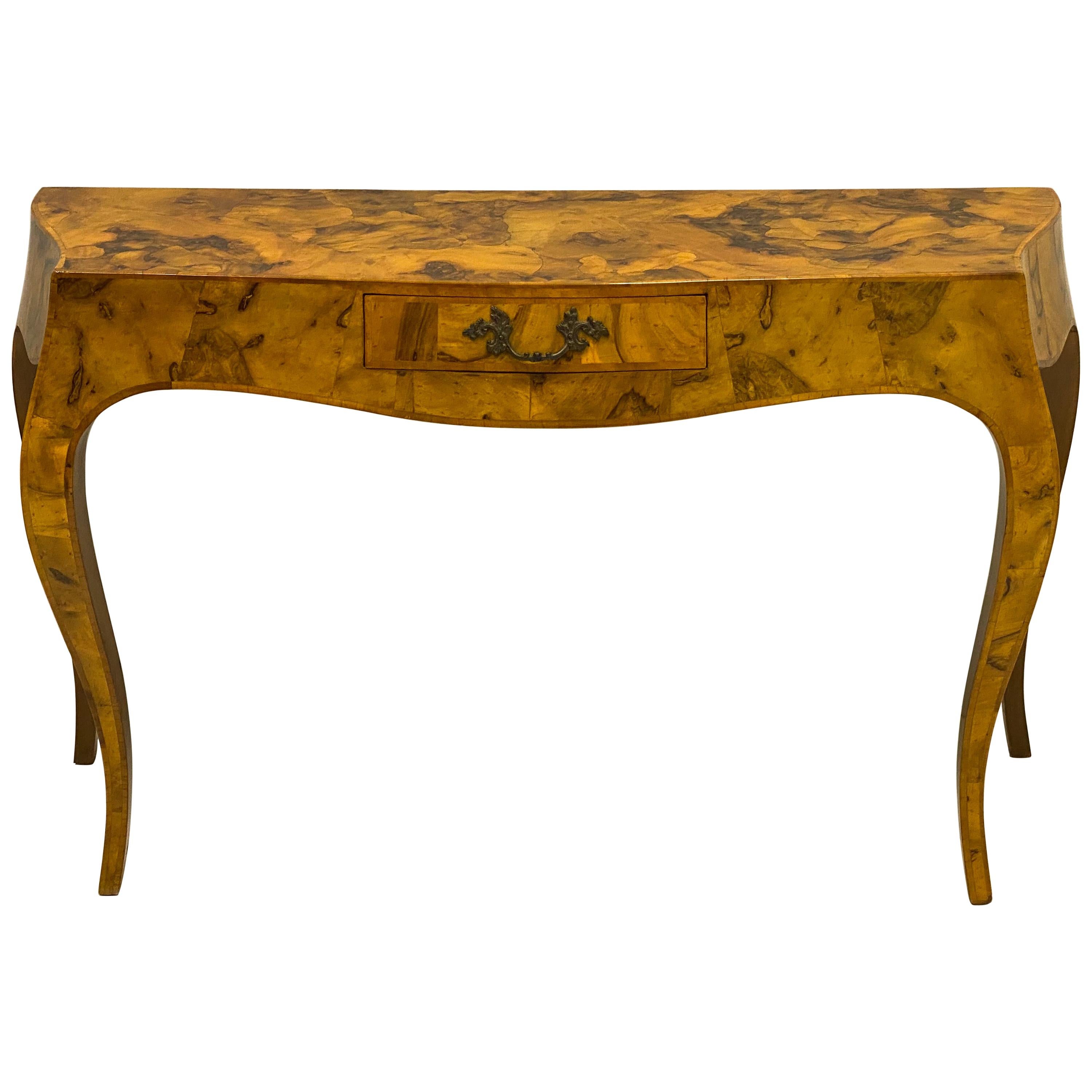 Midcentury Italian Patchwork Burl Serpentine Console Table