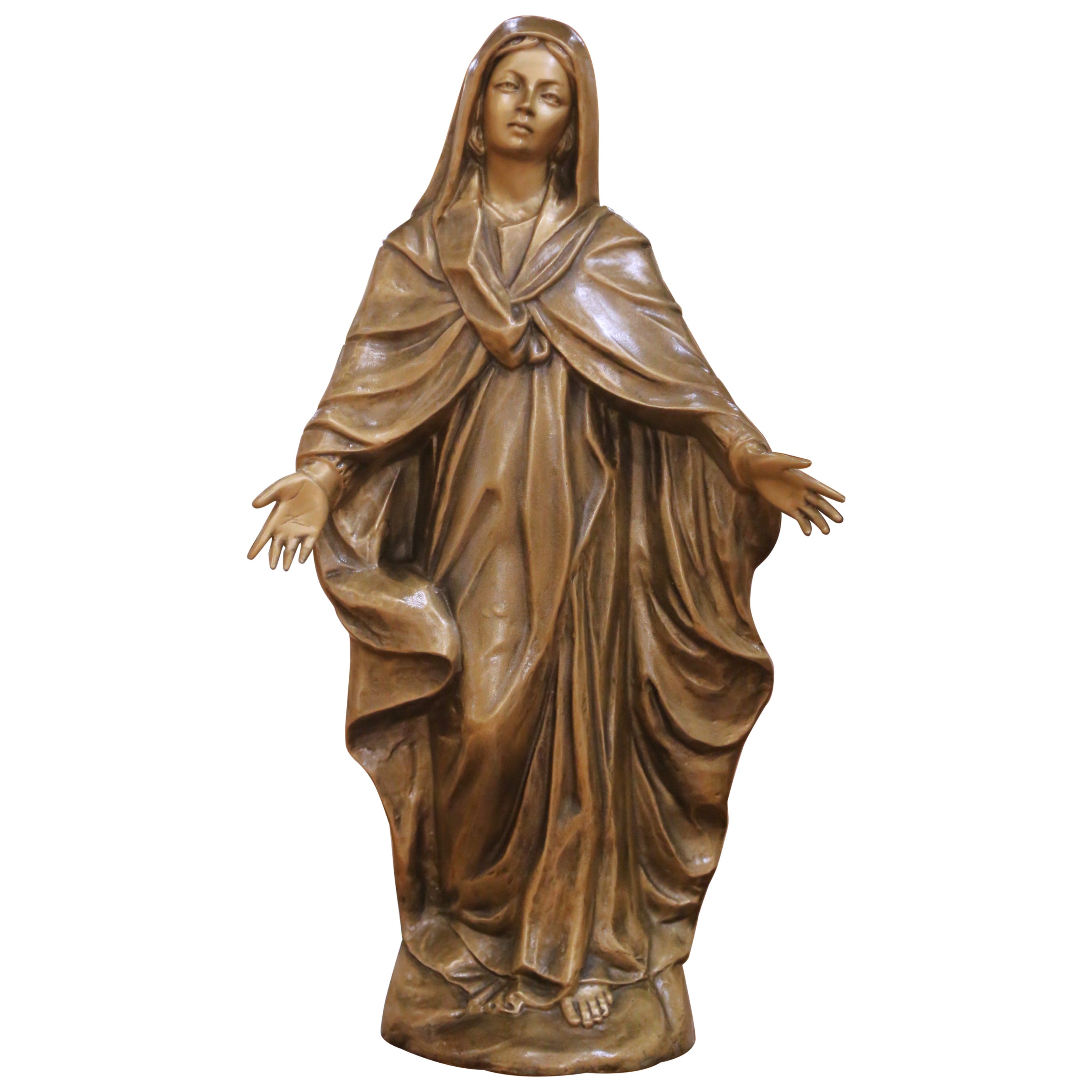 Mid-Century Italian Patinated Bronze Virgin Mary Sculpture by Biondan