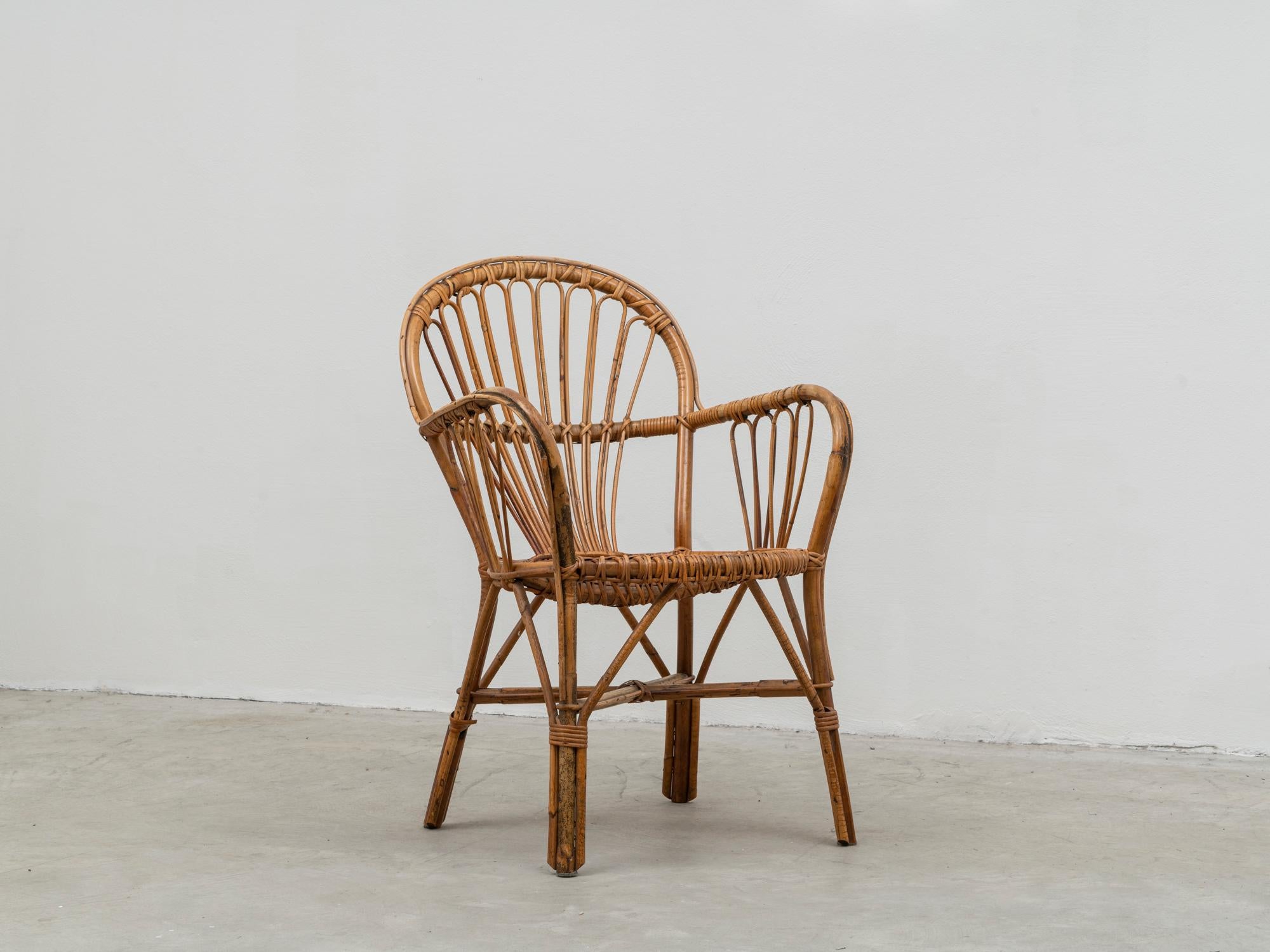 Mid-Century Modern Mid-Century Italian Patinated Organic Rattan and Bamboo Armchair, 1960s For Sale