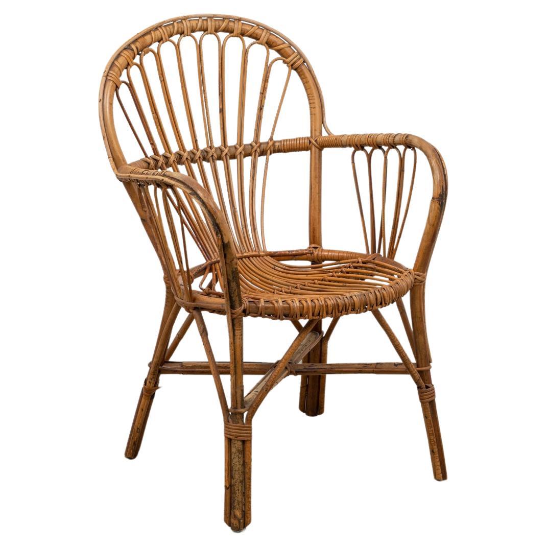 Mid-Century Italian Patinated Organic Rattan and Bamboo Armchair, 1960s For Sale