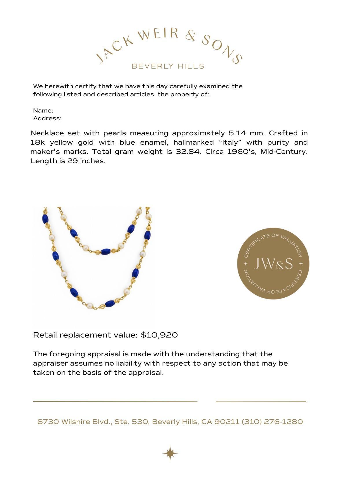 Collier italien du milieu du siècle en perles, or jaune 18k et émail bleu en vente 2