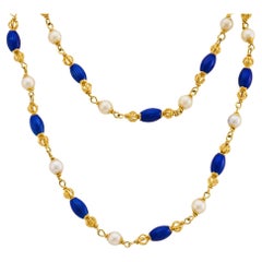 Italienische Perlenkette aus der Mitte des Jahrhunderts aus 18k Gelbgold und blauer Emaille