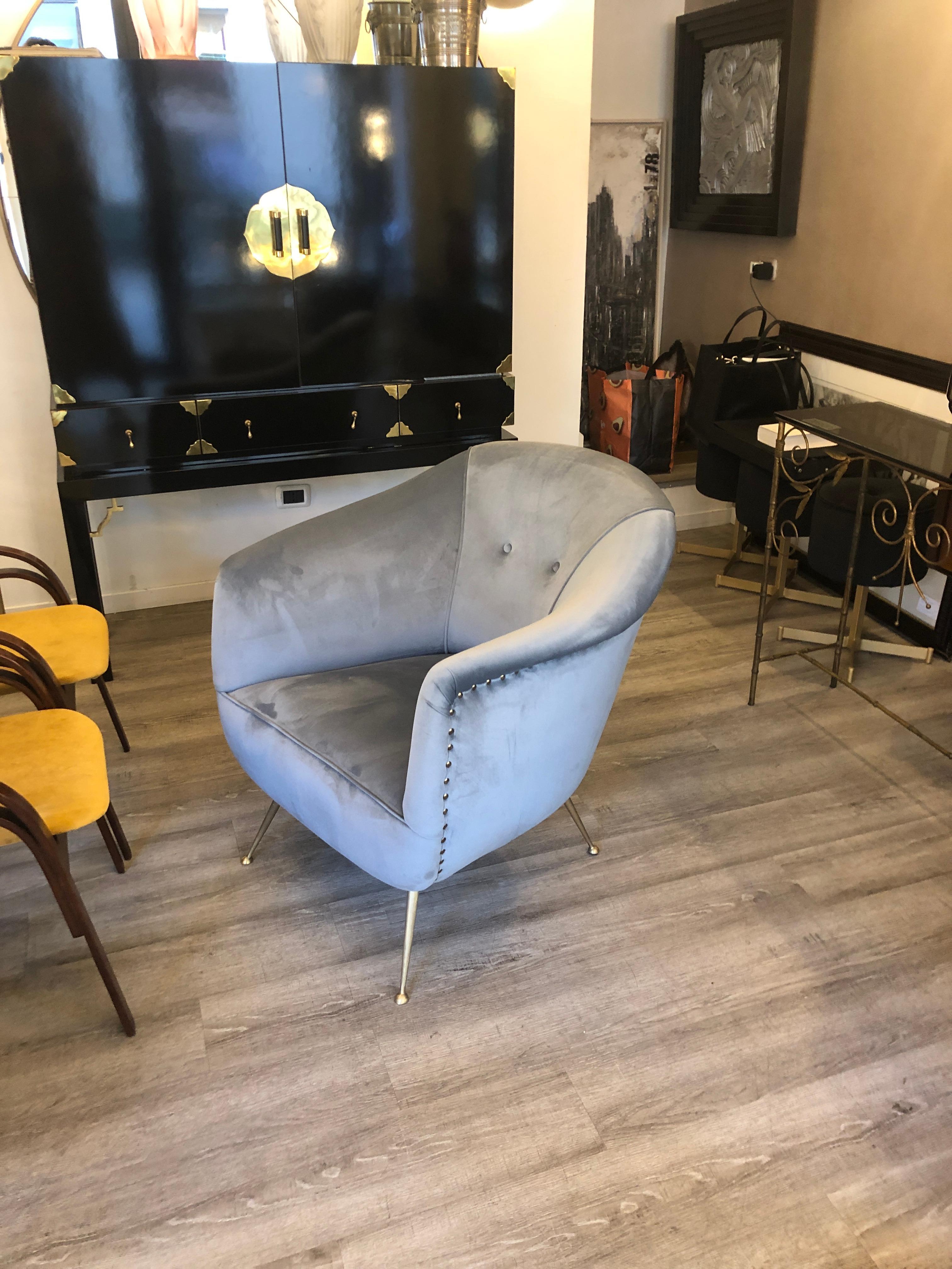 Mid-Century Modern Mid Century Italian Pearl Grey Velvet and Brass Legs Armchair