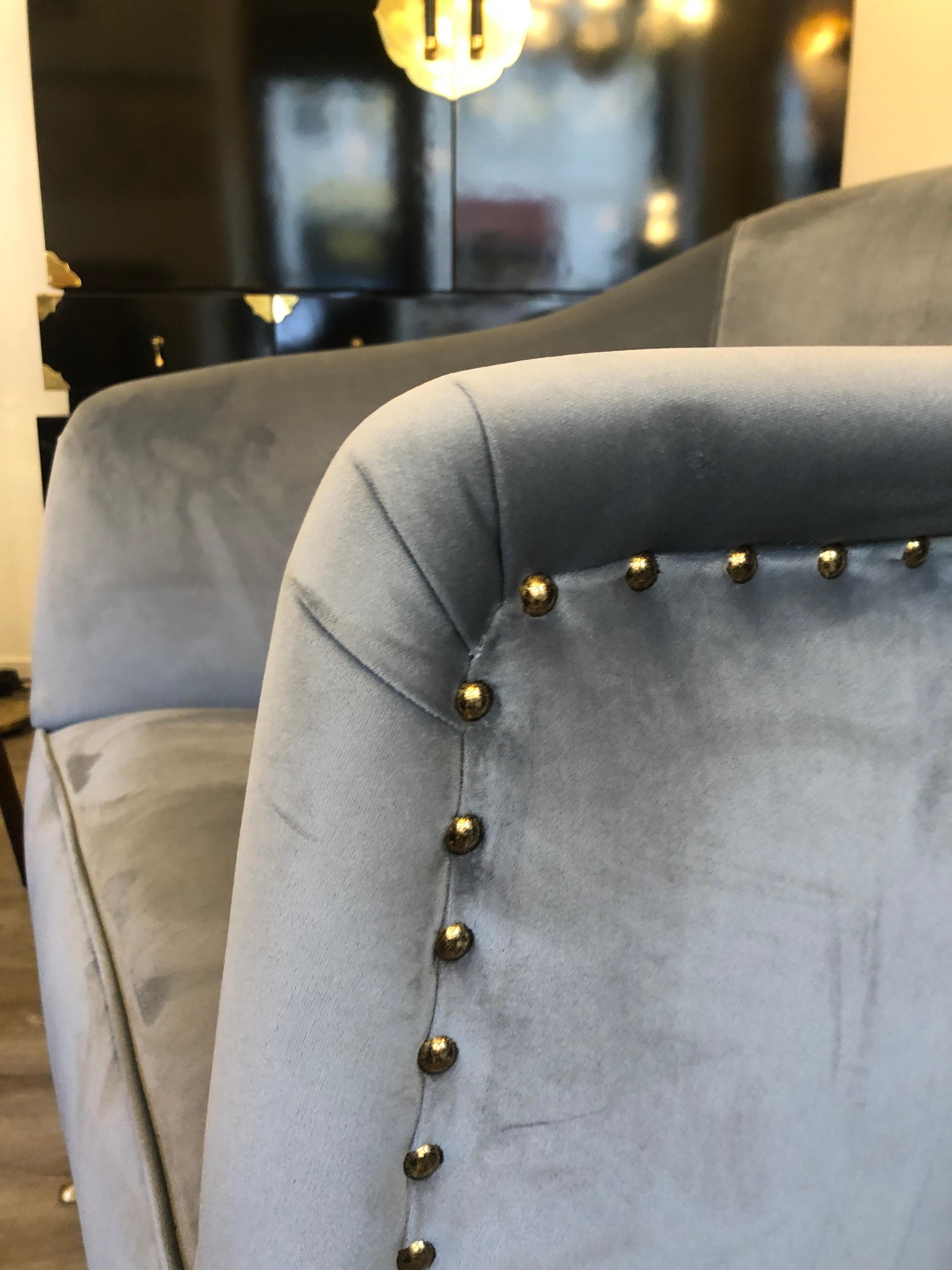 Mid Century Italian Pearl Grey Velvet and Brass Legs Armchair 1