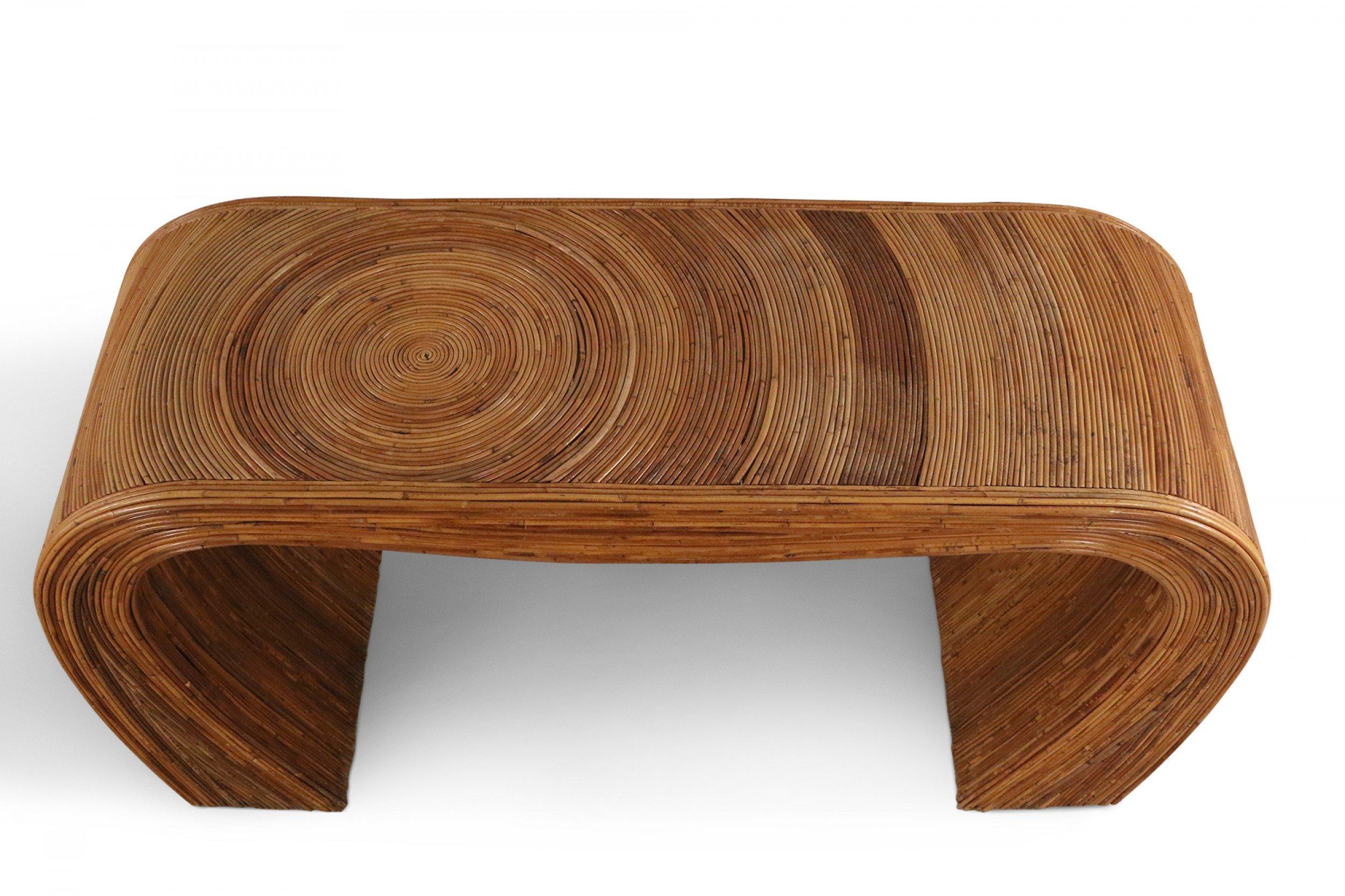 Italian midcentury console table with pencil reed veneer and organic rounded staple shape.