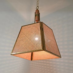 Mid-Century Italian Pendant in Gilt Metal, Straw and GIass, 1970s