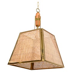 Mid-Century Italian Pendant in Gilt Metal, Straw and GIass, 1970s
