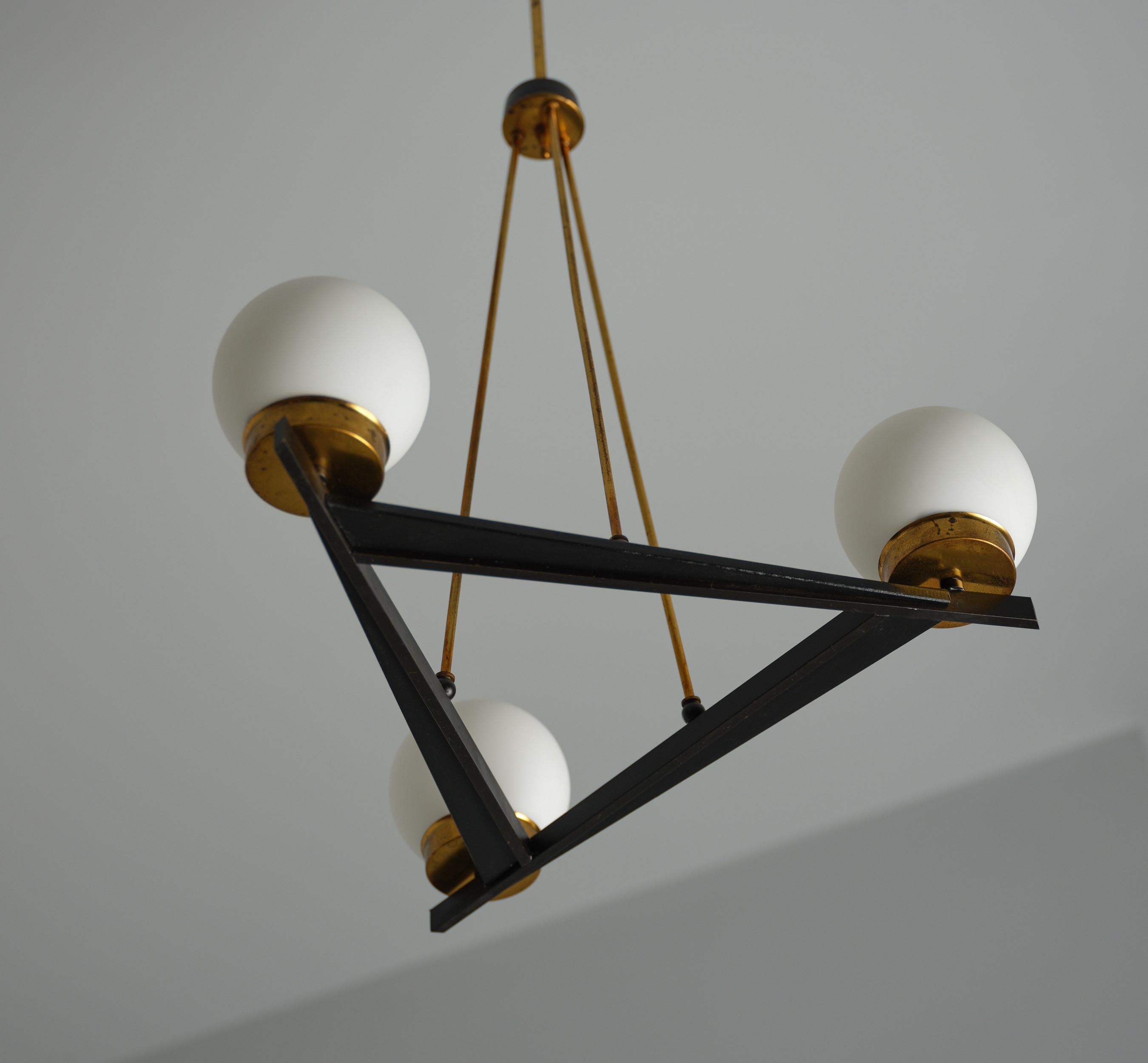 Mid-Century Modern Mid-Century Italian Pendant with Brass and Opaline Glass Globes For Sale