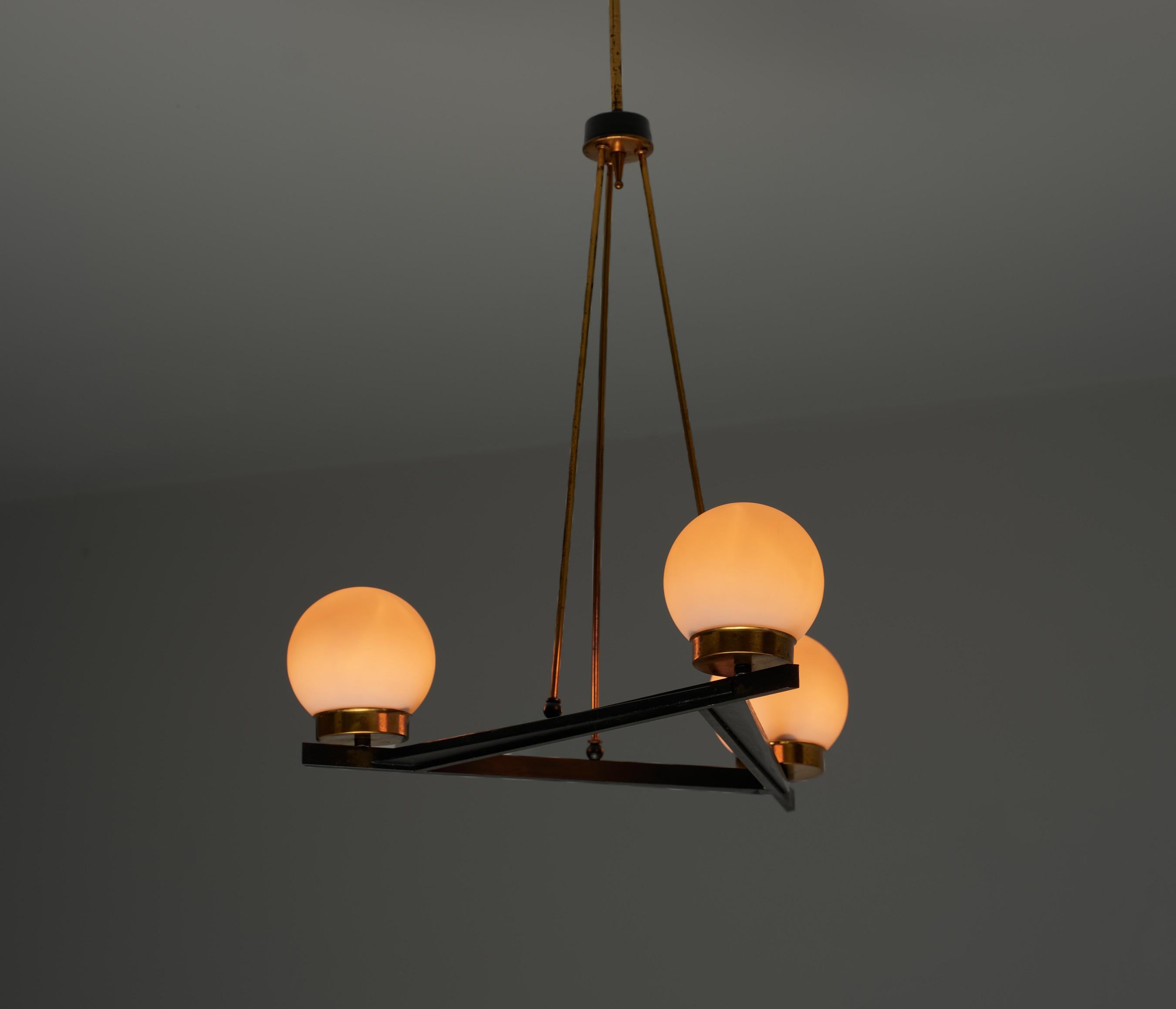 Mid-20th Century Mid-Century Italian Pendant with Brass and Opaline Glass Globes For Sale