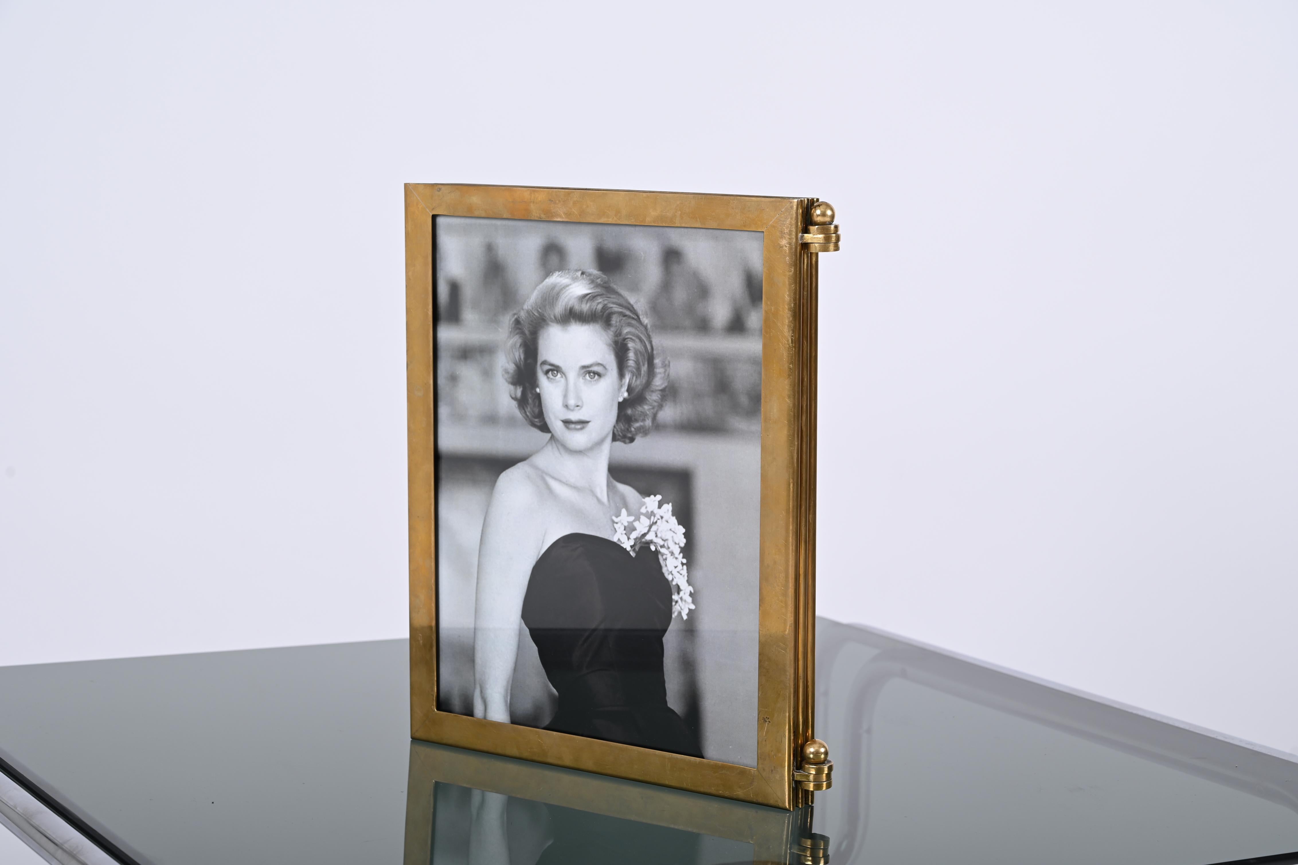 Metal Mid-Century Italian Photo Frame in Solid Brass, Hollywood Regency, 1950s For Sale
